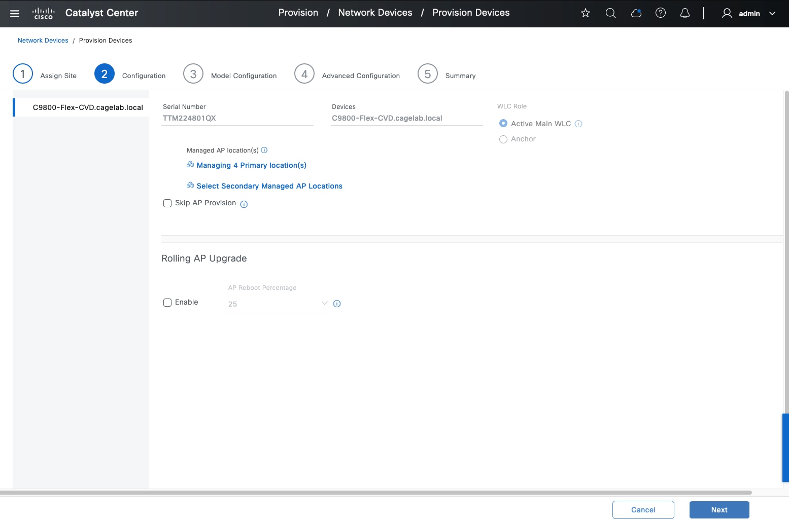 The Configuration section includes the following configurations: serial number, devices, WLC role, managed AP location(s), and rolling AP upgrade.