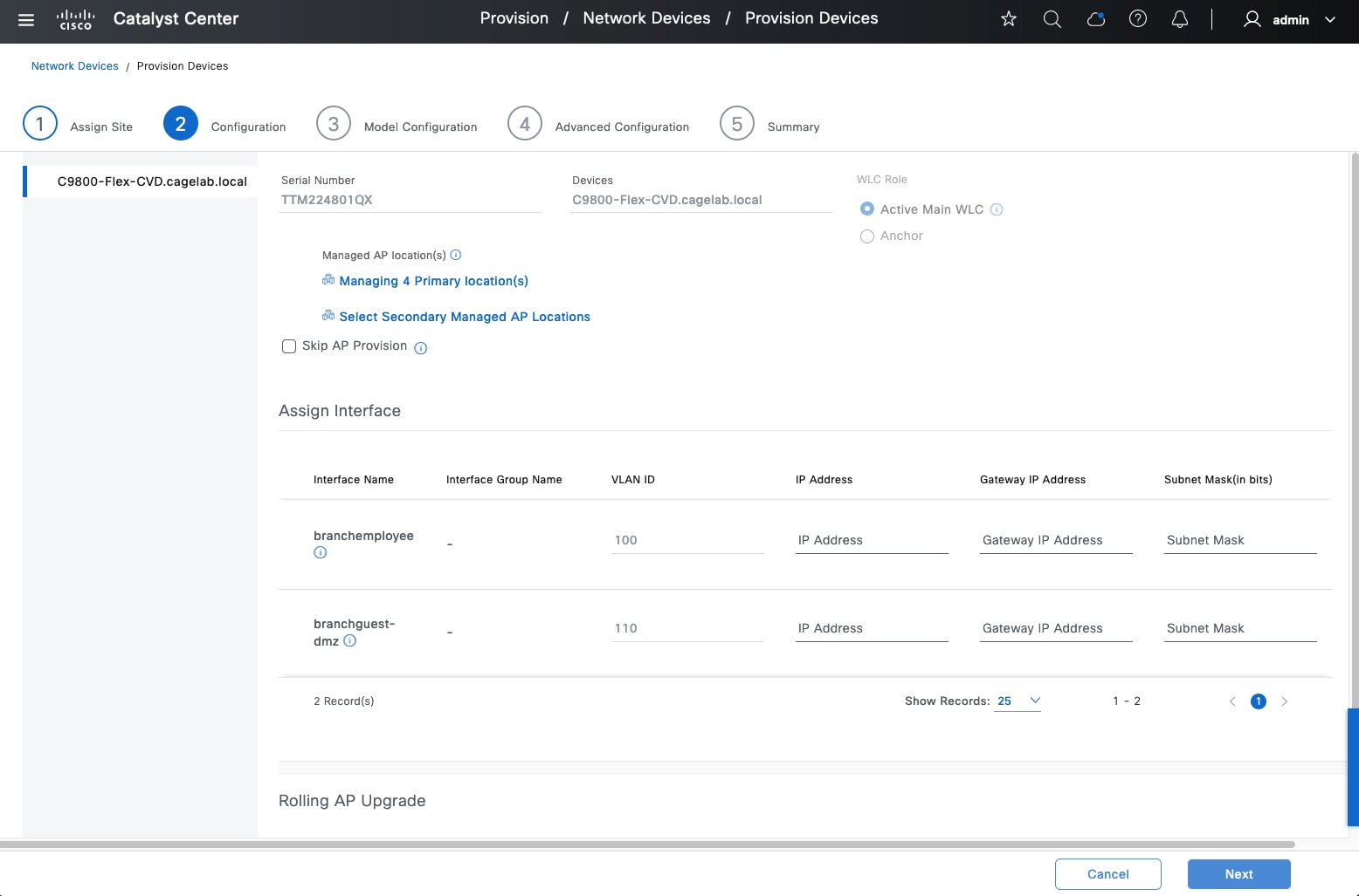The Assign Interface section shows the available wireless controller settings, including interface name, interface group name, VLAN ID, IP address, gateway IP address, and subnet mask.