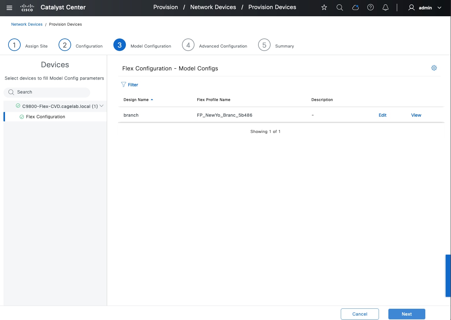 The Flex Configuration - Model Configs section shows the design name, flex profile name, and description, with the options to edit or view the config.