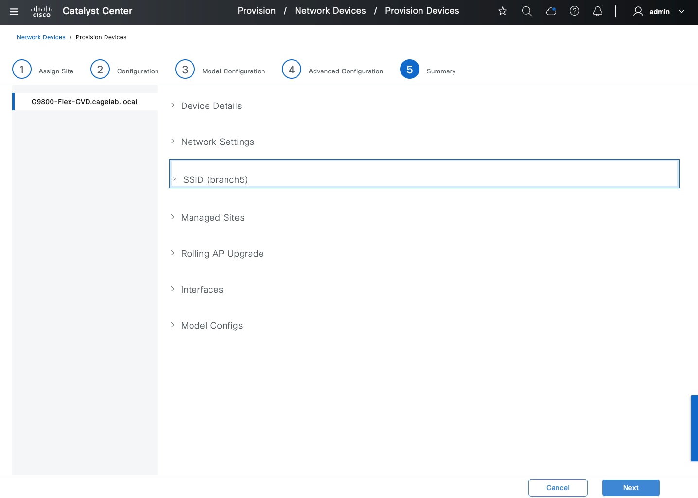 The Summary window previews the following details for the device configuration: device details, network settings, SSID, managed sites, rolling AP upgrade, interfaces, and model configs.