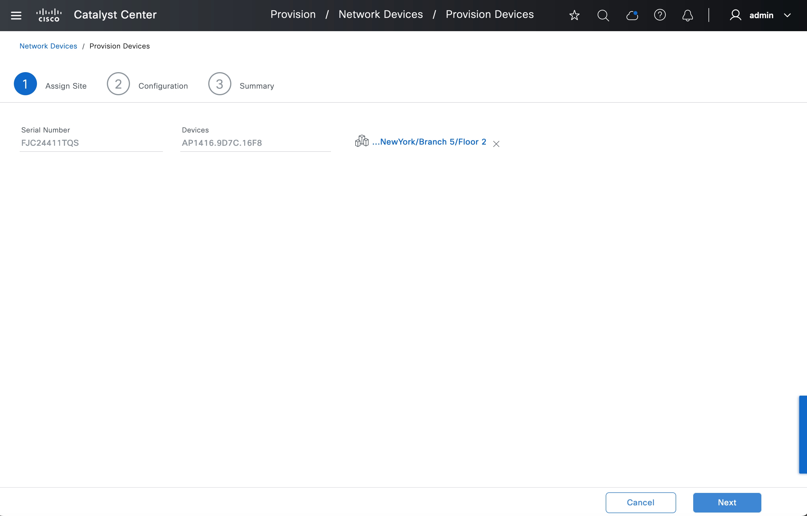 The Assign Site step shows the serial number, devices, and site for the AP.