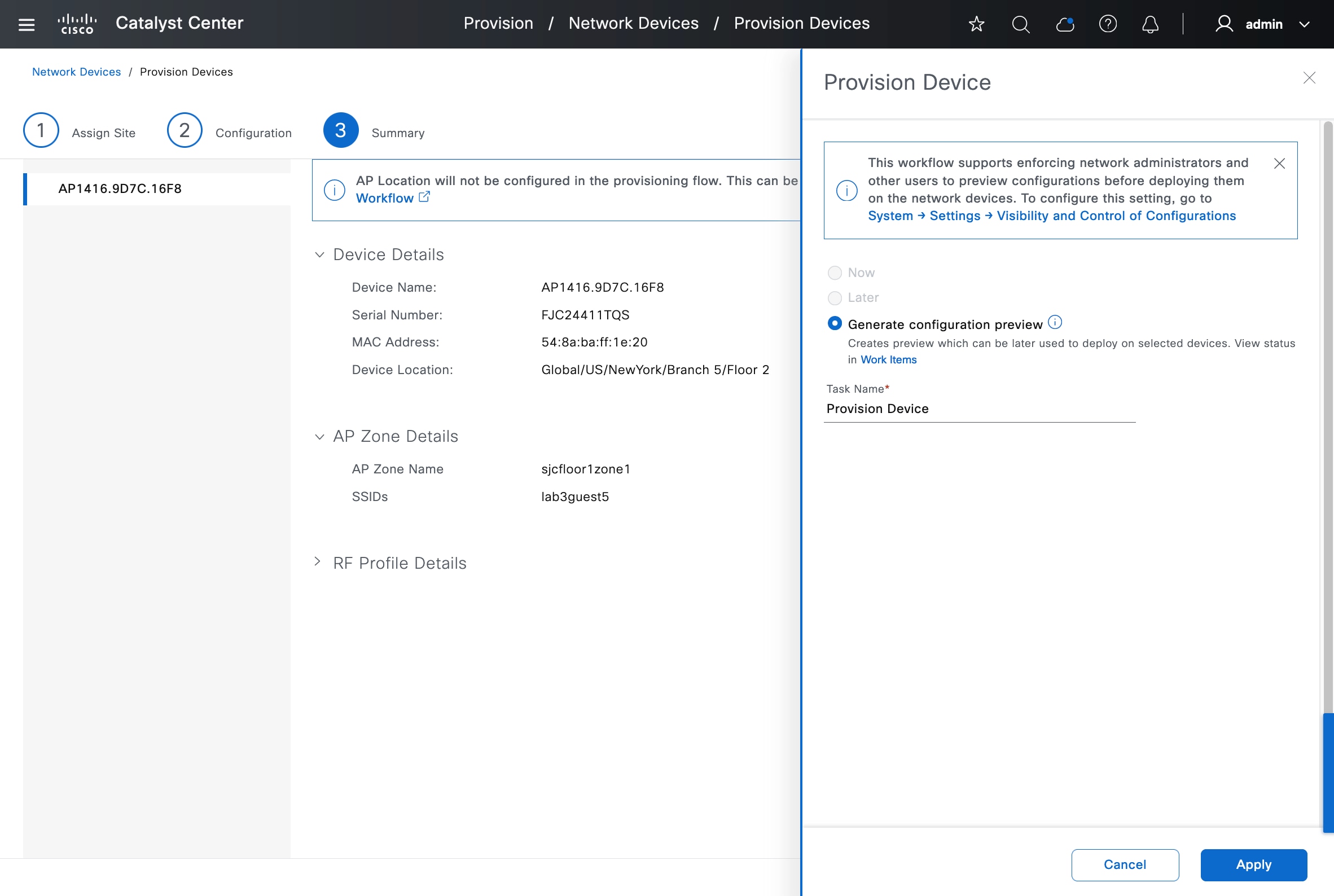 The Provision Device slide-in pane displays options to provision the device now or later or to generate a configuration preview.