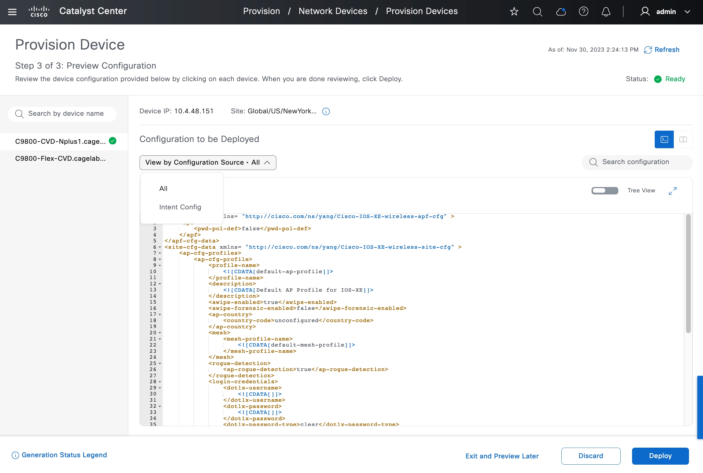 The configuration preview with the options to discard or deploy.