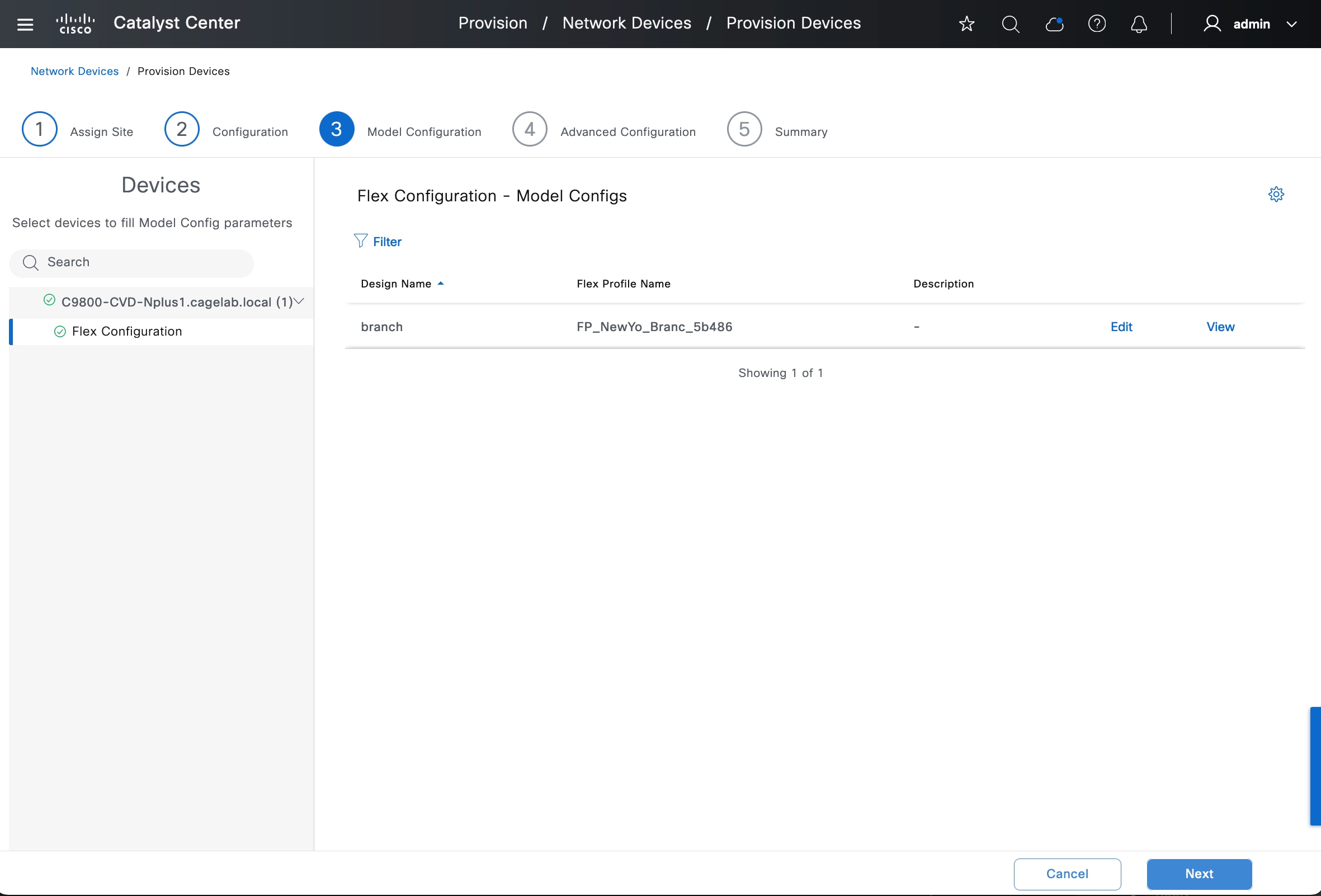 The Model Configuration step shows the design name, flex profile name, and descriptions, with options to edit and view the model config.