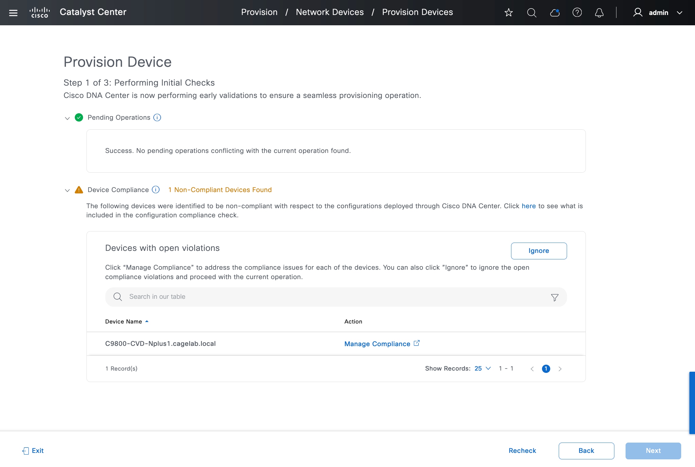 The Provision Device page shows any pending operations and any pending provision or compliance issues.