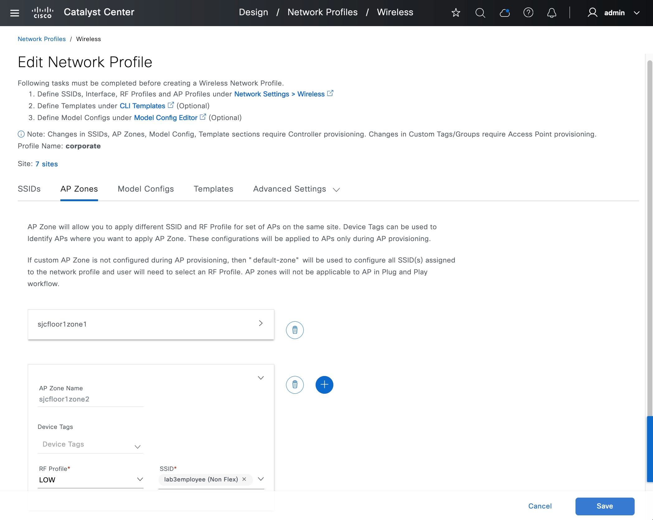 The Edit Network Profile page shows the AP zone name, device tags, RF profile, and SSID.