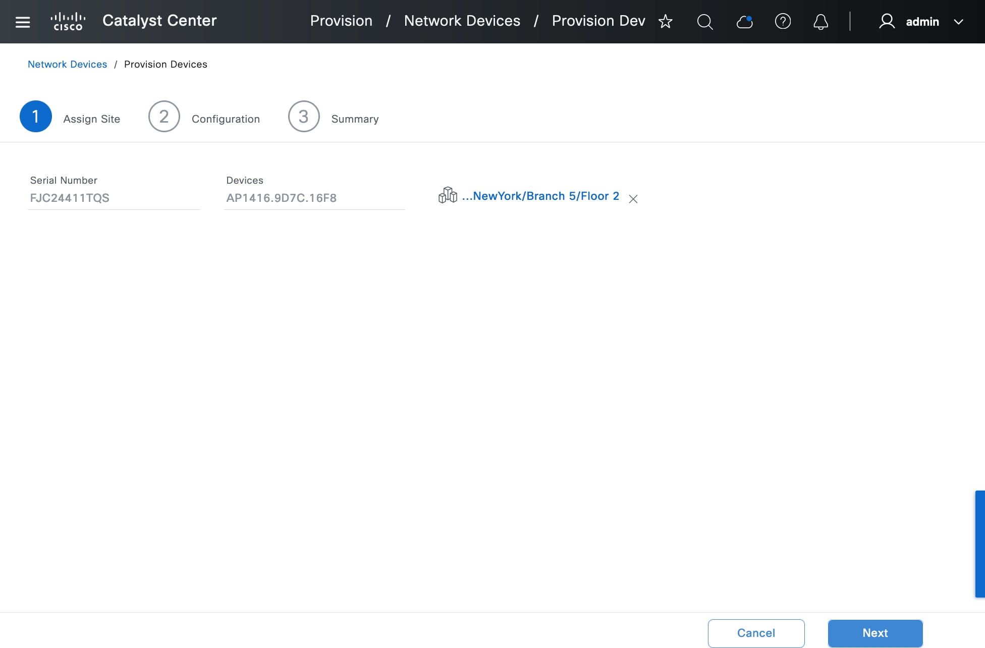 The Assign Site step shows the serial number, devices, and site.