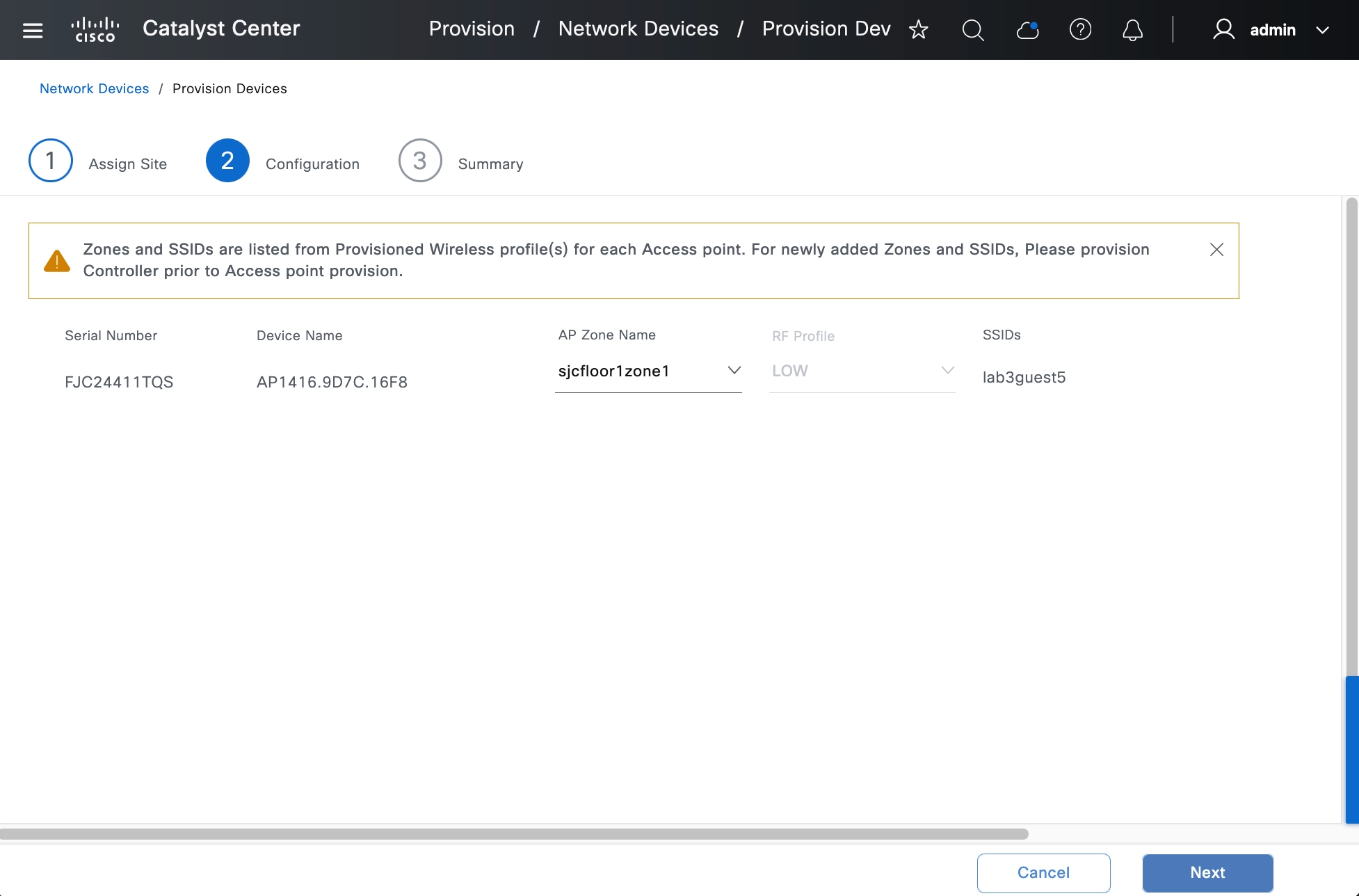 The Configuration step shows the serial number, device name, AP zone name, RF profile, and SSIDs.