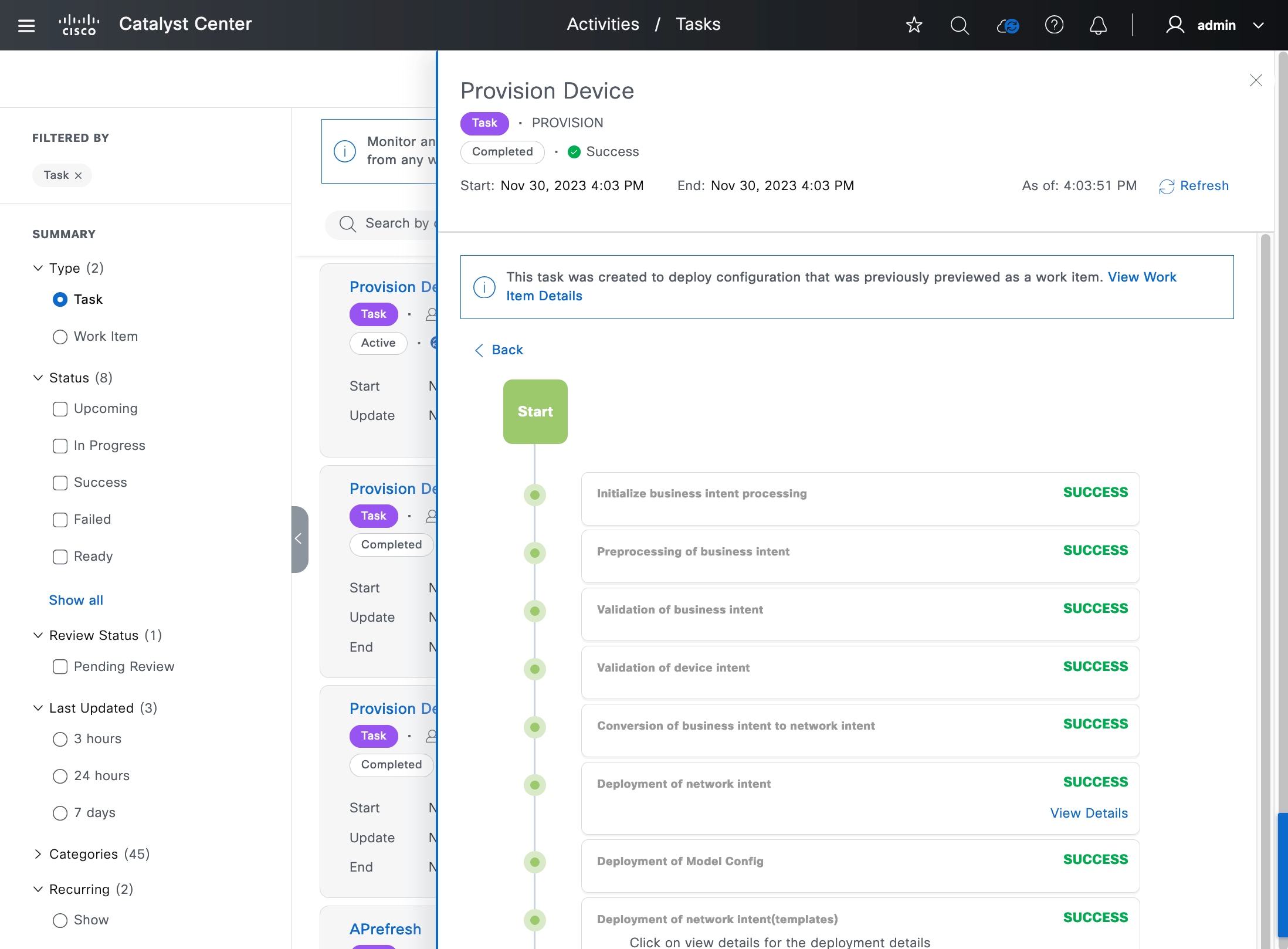 The Provision Device slide-in pane shows a success status for all provisioning tasks.