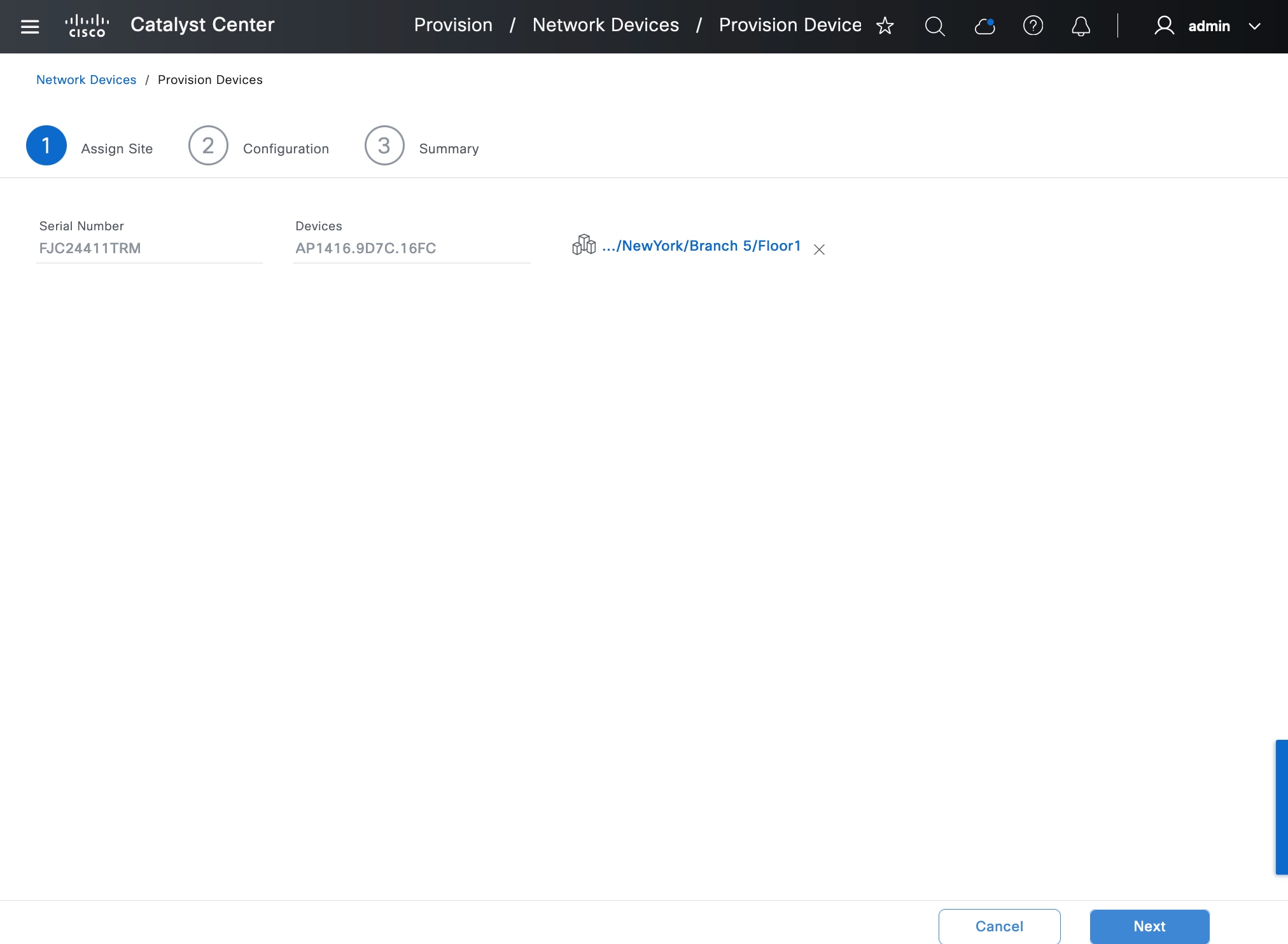 The Assign Site step shows the serial number, devices, and site.