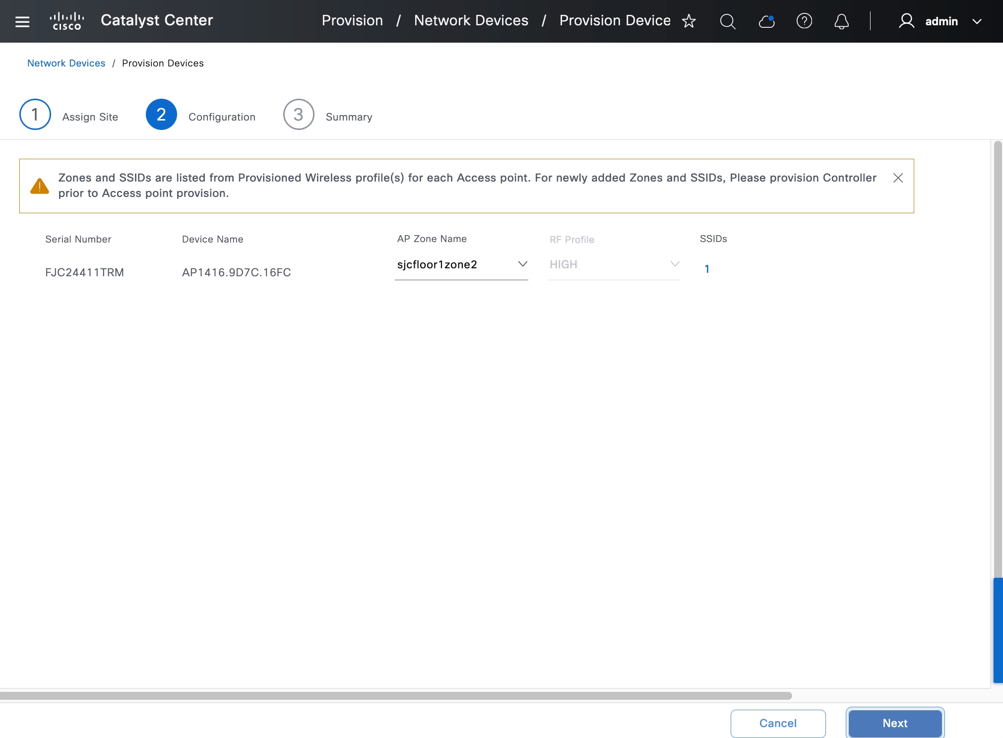 The Configuration step shows the serial number, device name, AP zone name, RF profile, and SSIDs.