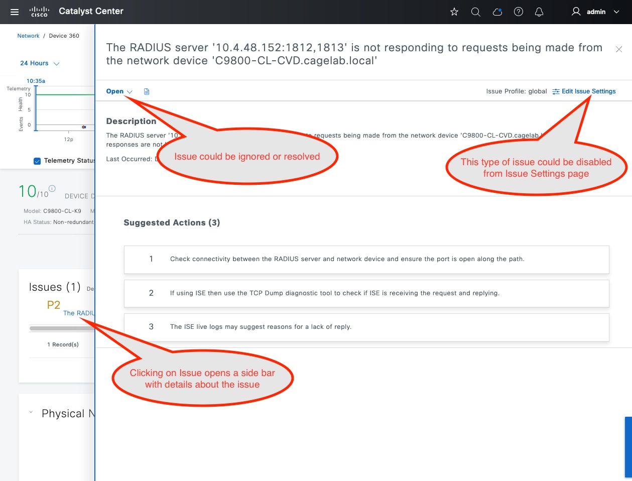 The slide-in pane displays detailed information about the issue, including a description and suggested actions.