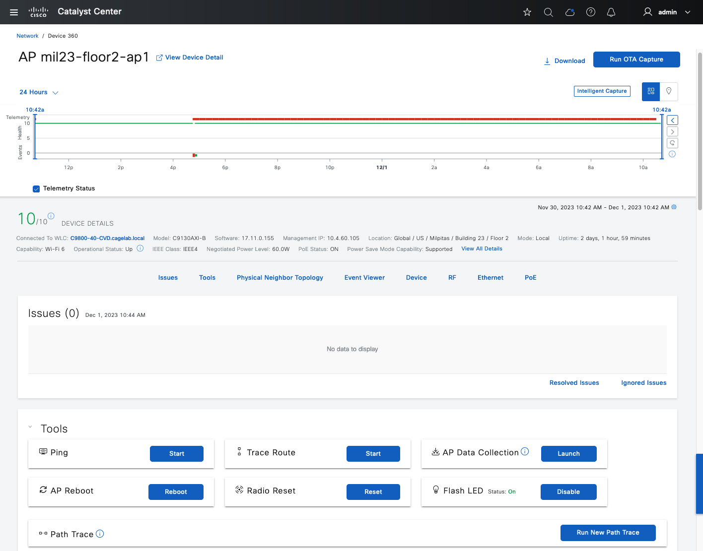 The Device 360 window displays the health timeline, any issues, and tools.