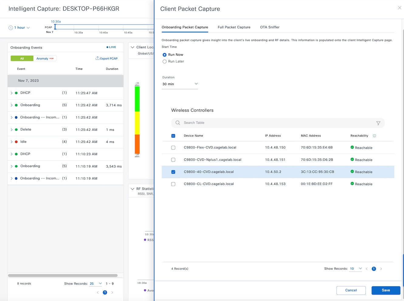 The Client Packet Capture slide-in pane displays the configuration options for Client Packet Capture.