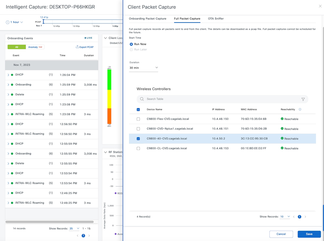 The Client Packet Capture slide-in pane displays configuration options for the client packet capture.