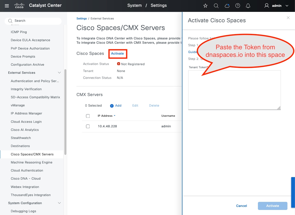 The Activate Cisco Spaces slide-in pane displays the option to paste the token.