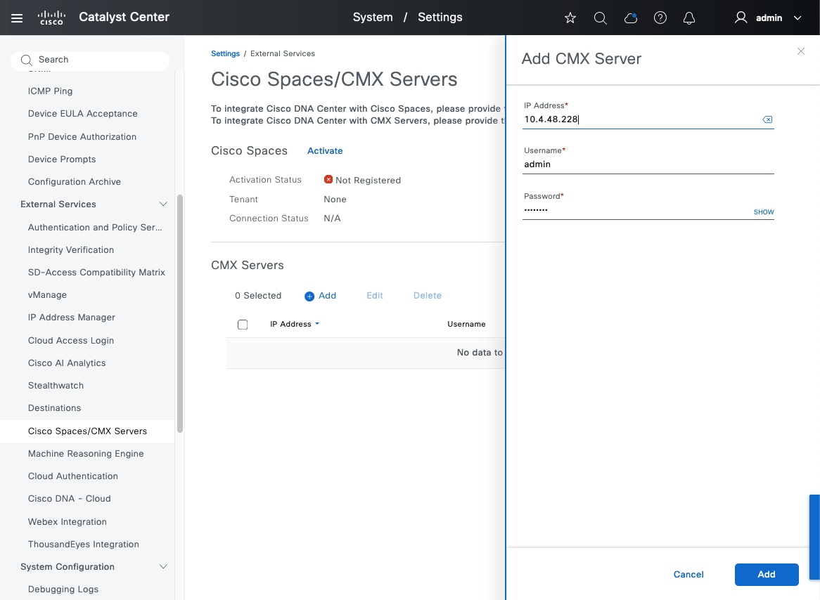 The Add CMX Server slide-in pane shows the IP address, username, and password for the CMX server that is being added.