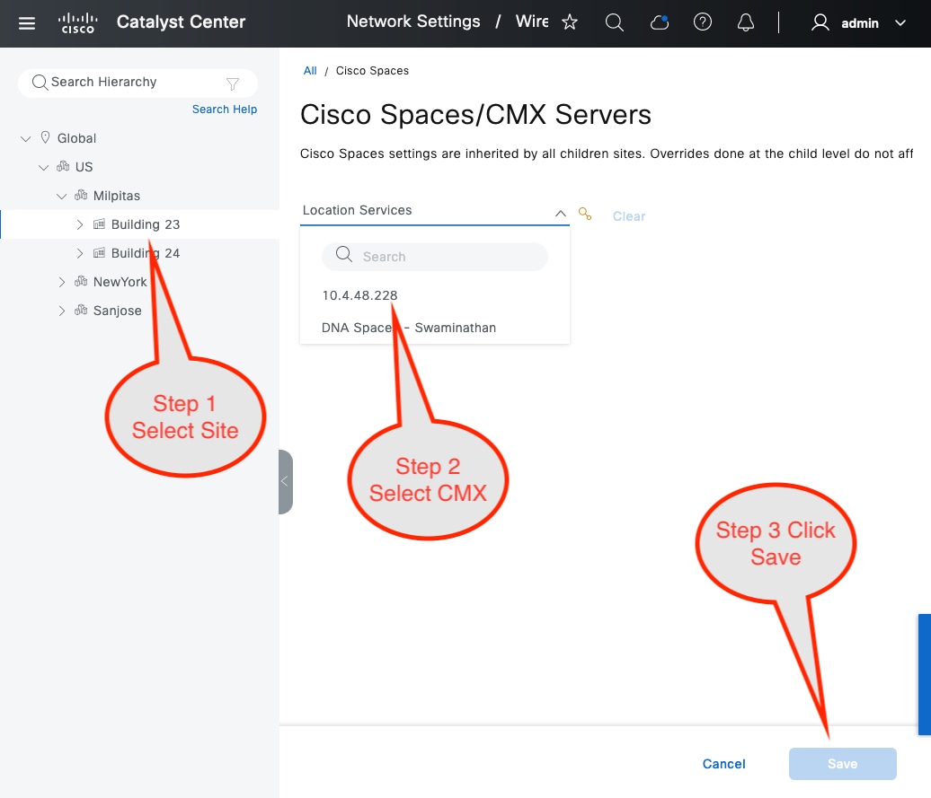 The site and CMX server, with the option to save the site assignment.
