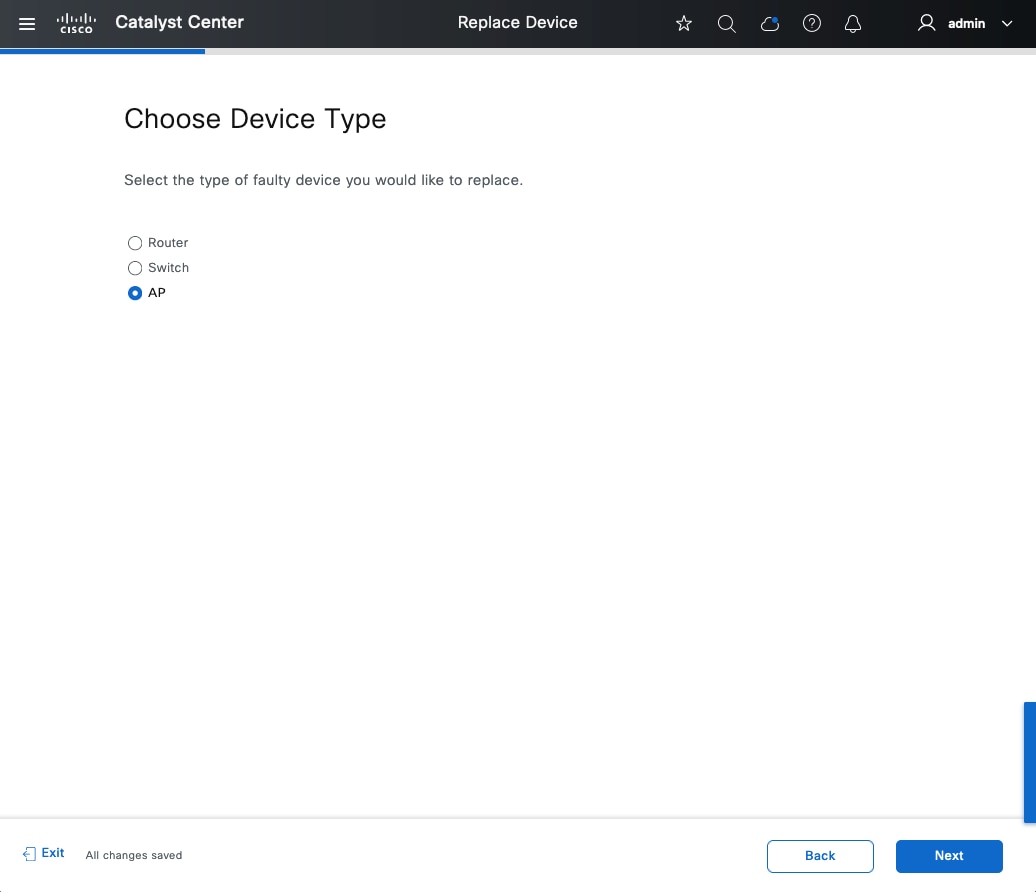The Choose Device Type window displays the options to choose a router, switch, or AP device for replacement.