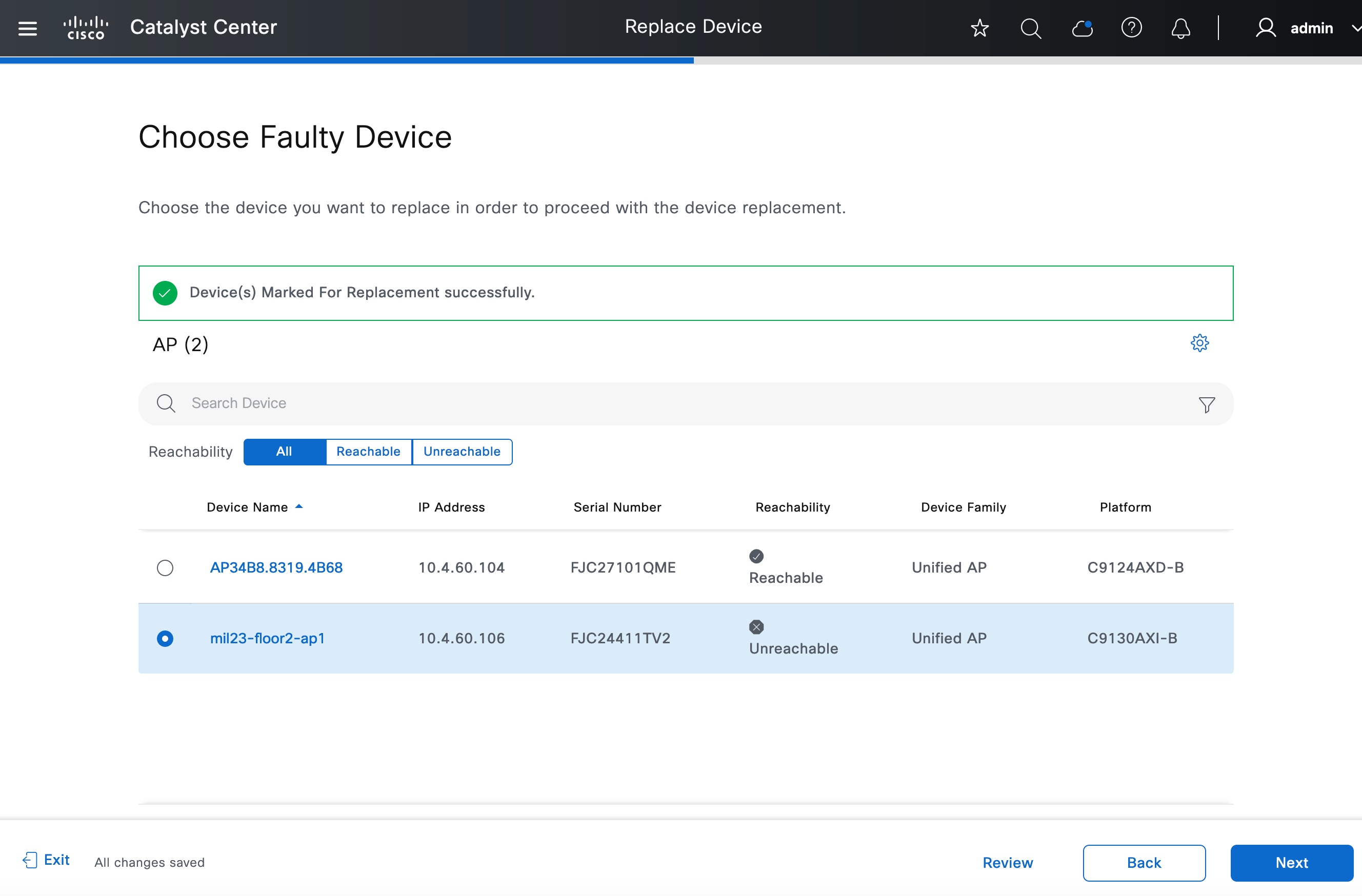 The Choose Faulty Device window displays the option to choose a faulty device from the AP table.