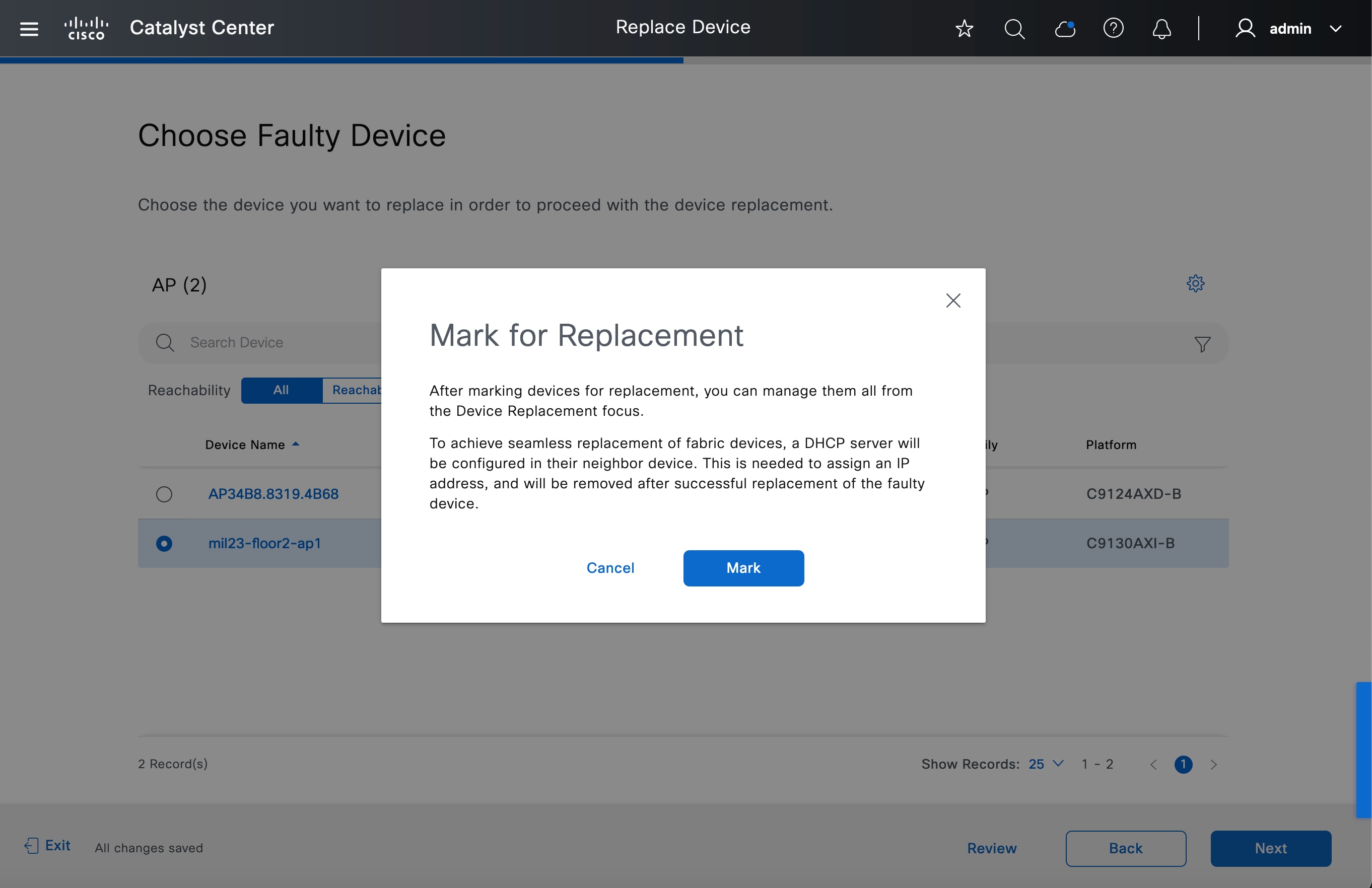 The Mark for Replacement pop-up window displays the options to mark or cancel.