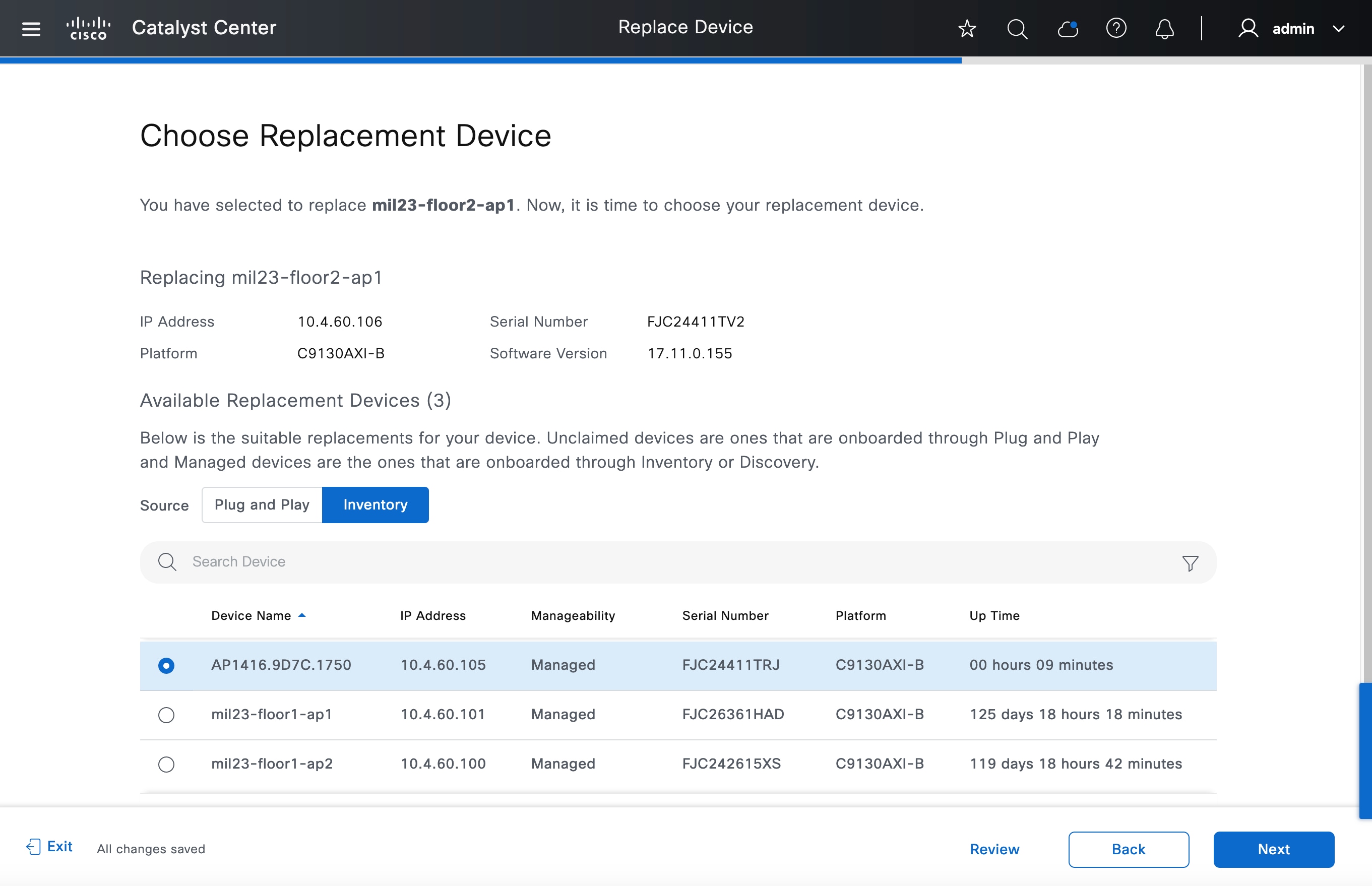 The Choose Replacement Device window displays the option to select a desired device for replacement from the Available Replacement Devices table.
