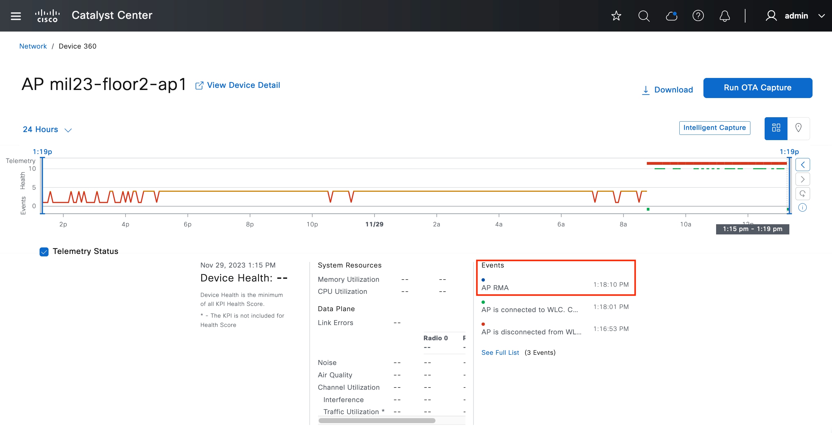 The Device 360 window displays the events health timeline, device health, system resources, data plane, events, and AP RMA information.