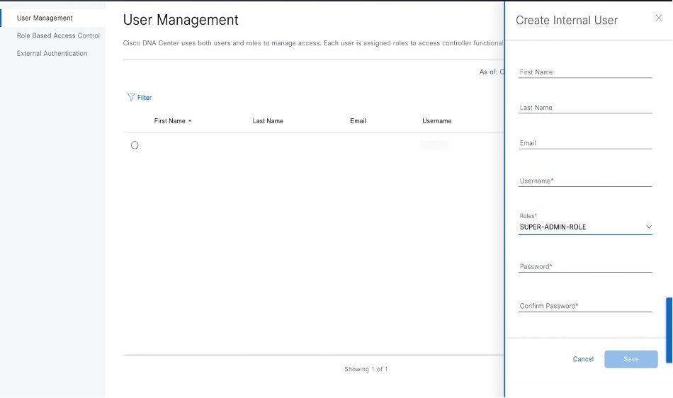 The Create Internal User slide-in pane is displayed.