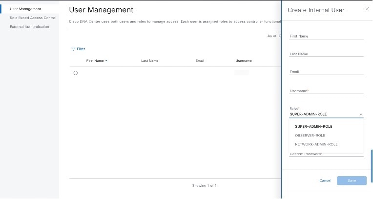 In the Create Internal User slide-in pane, the Role List drop-down list and its options are displayed.