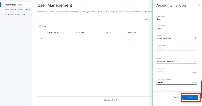 In the Create Internal User slide-in pane, the Save button is displayed in the bottom-left corner.