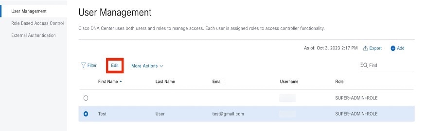 In the User Management window, the Edit button is displayed in the top-right corner of the table.