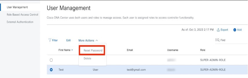 In the top-right corner of the User Management table, the More Actions drop-down list and the Reset Password option are displayed.