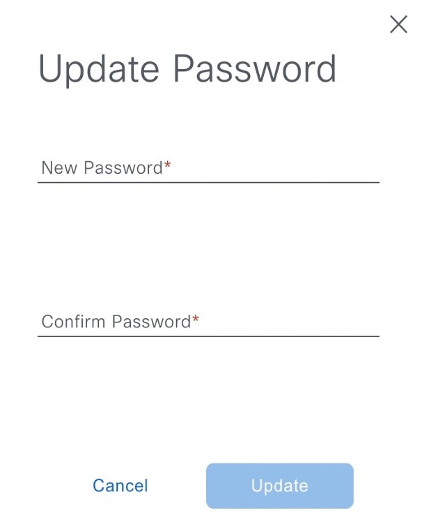 The Update Password dialog box displays the New Password and Confirm Password fields.
