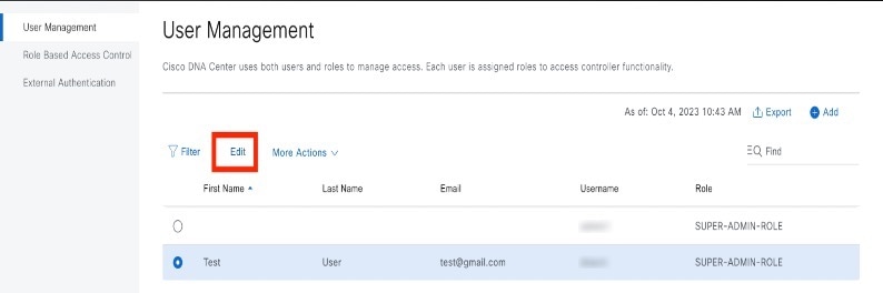 [User Management] テーブルの右上隅に [Edit] ボタンが表示されます。