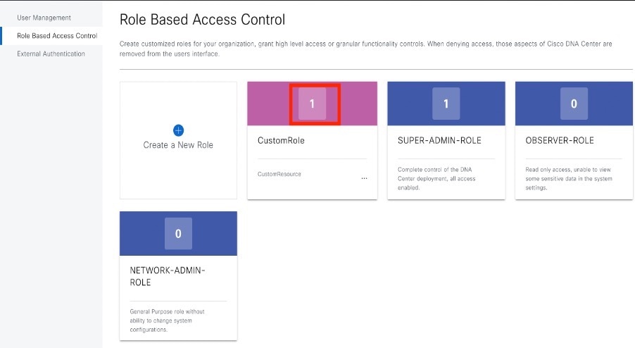 On the Role Based Access Control window, the user roles and custom roles are displayed.