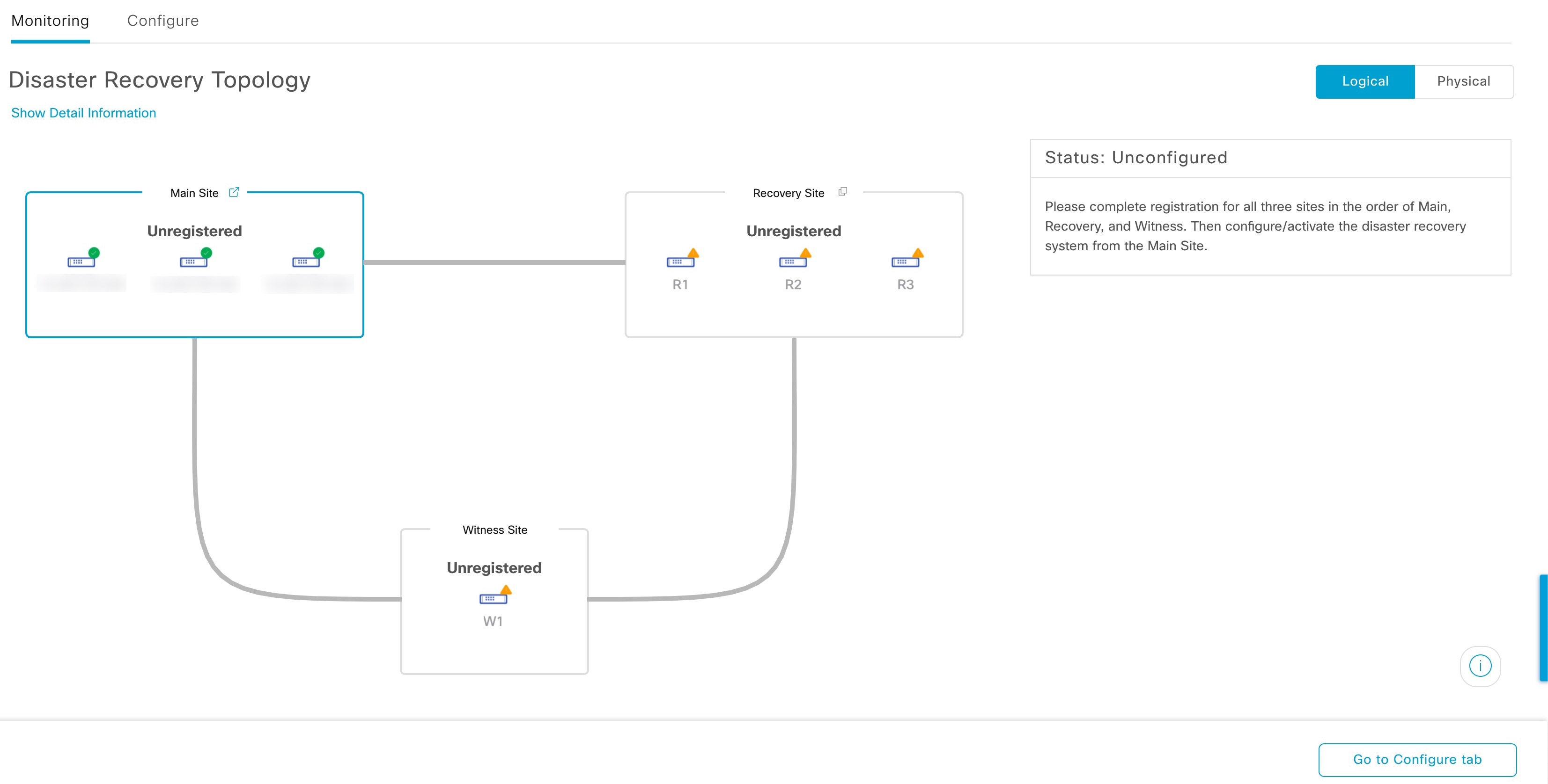 On the Disaster Recovery window, the Monitoring tab is selected and the Disaster Recovery Topology is displayed with the status of Unconfigured.