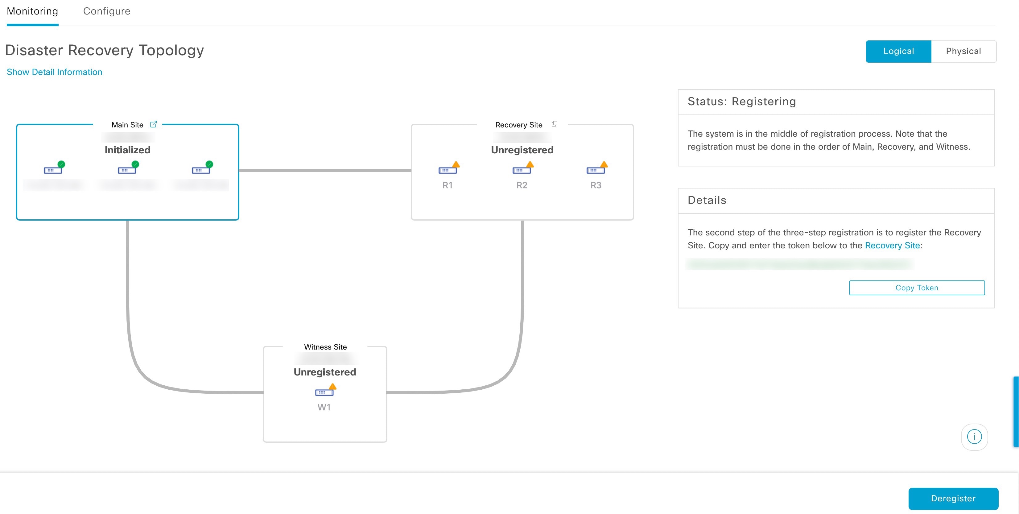 On the Disaster Recovery window, the Monitoring tab is selected and the Disaster Recovery Topology is displayed with the status of Registering.