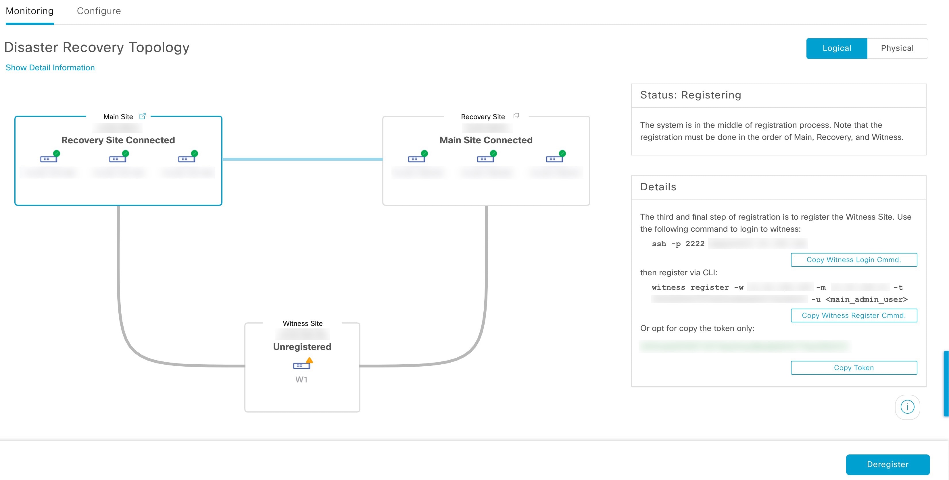 On the Disaster Recovery window, the Monitoring tab is selected and the Disaster Recovery Topology is displayed with the Registering status.