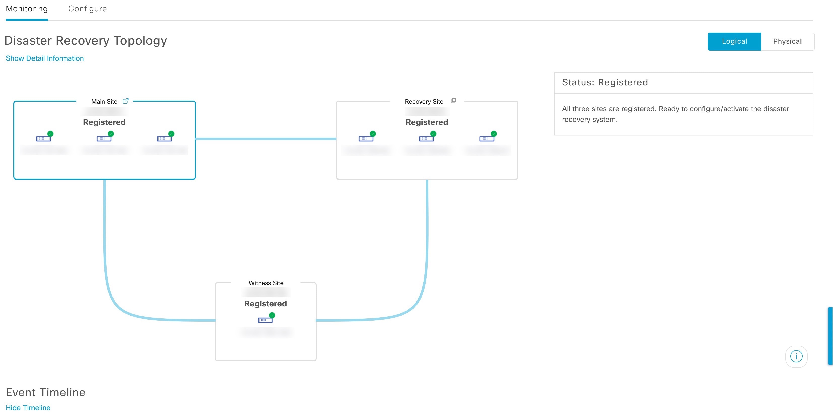 On the Disaster Recovery window, the Monitoring tab is selected and the Disaster Recovery Topology is displayed with the Registered status.