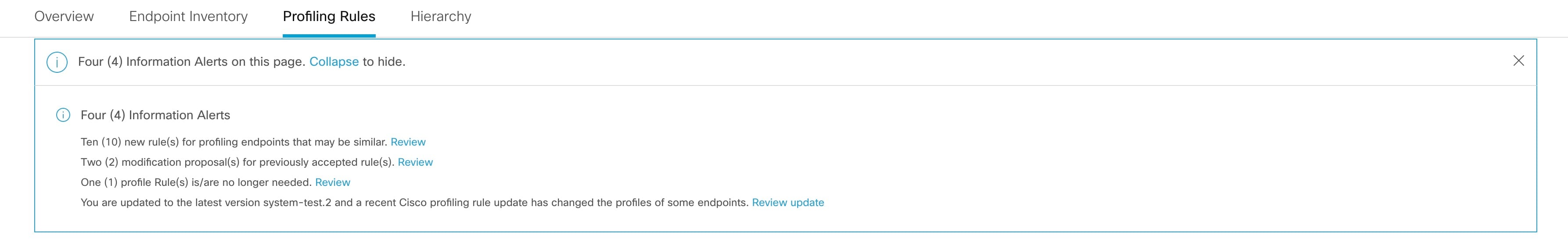 On the Cisco AI Endpoint Analytics window, the Profiling Rules tab is selected and a banner with information alerts about profiling rules is displayed.