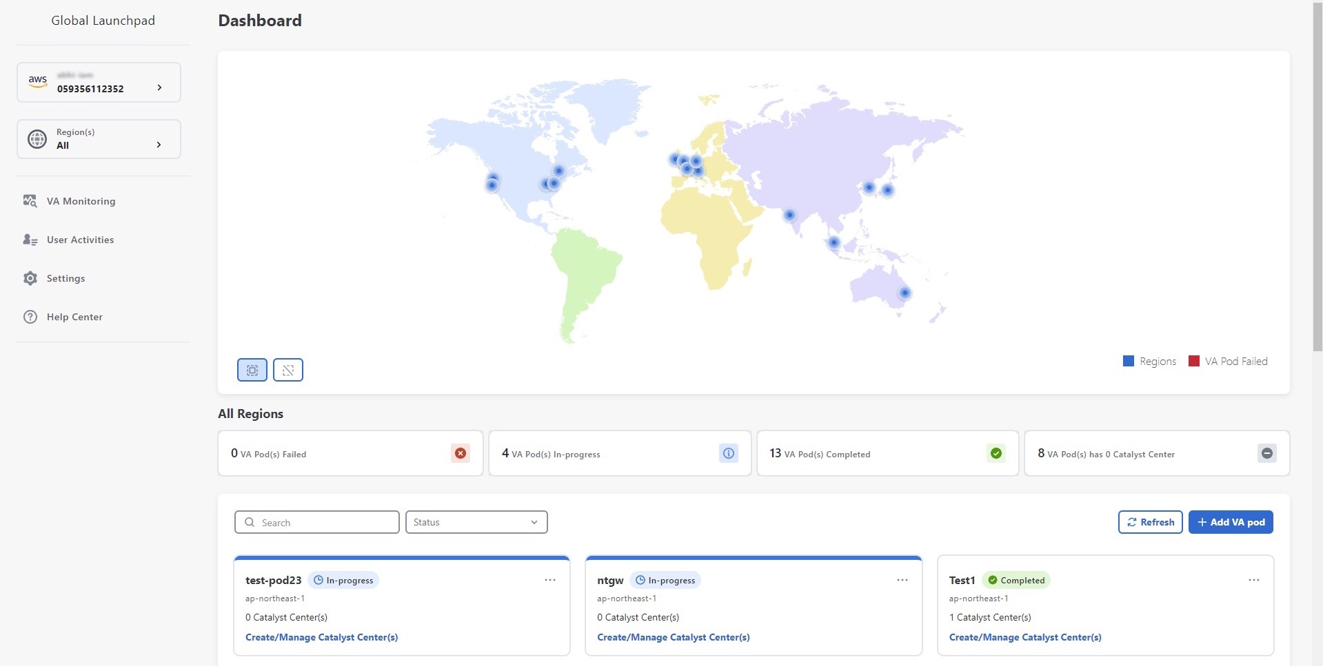 The Dashboard pane displays a map of all the regions and, below the map, displays a list of all existing VA pods.