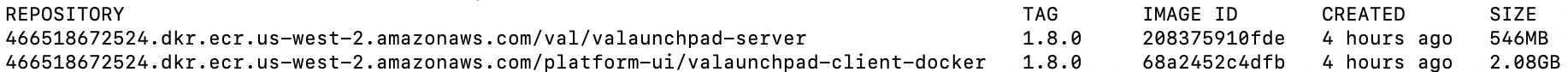 $ docker images の出力には、リポジトリ内の Docker イメージのリストと、1.8 から始まる番号を示す [TAG] 列が表示されます。