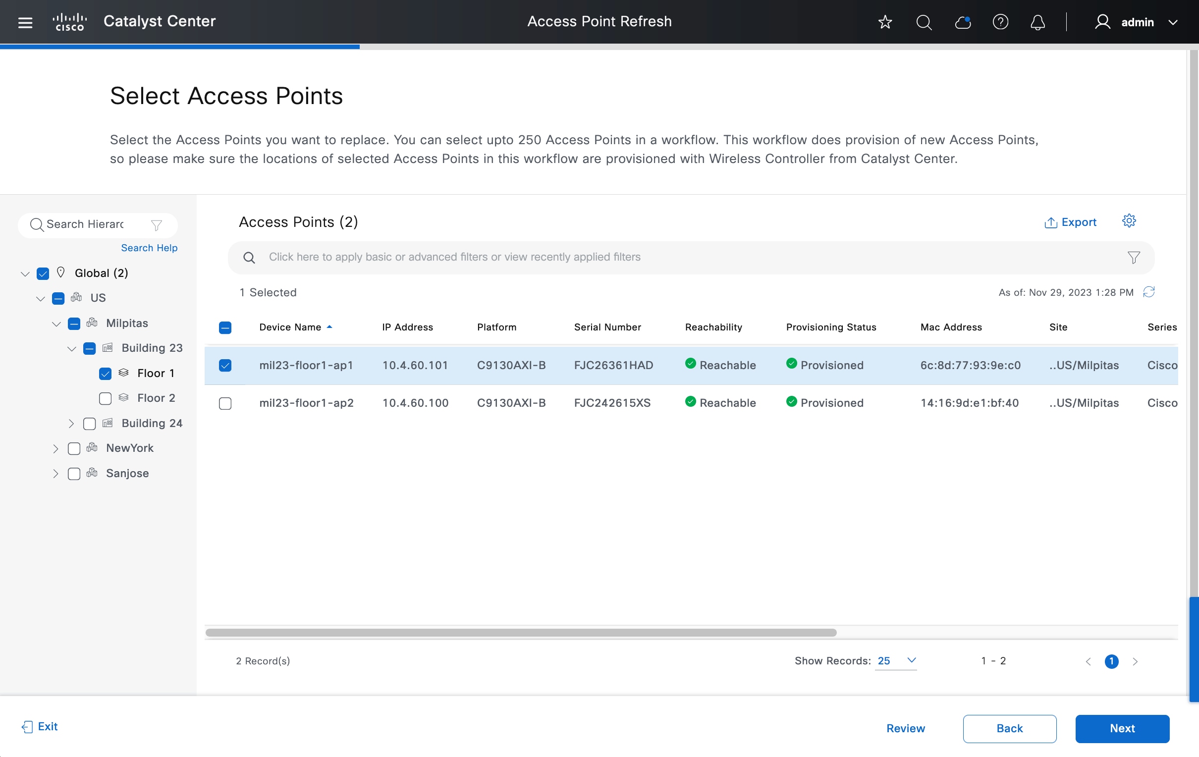 The Select Access Points window displays the option to select the desired AP from the Access Points table.