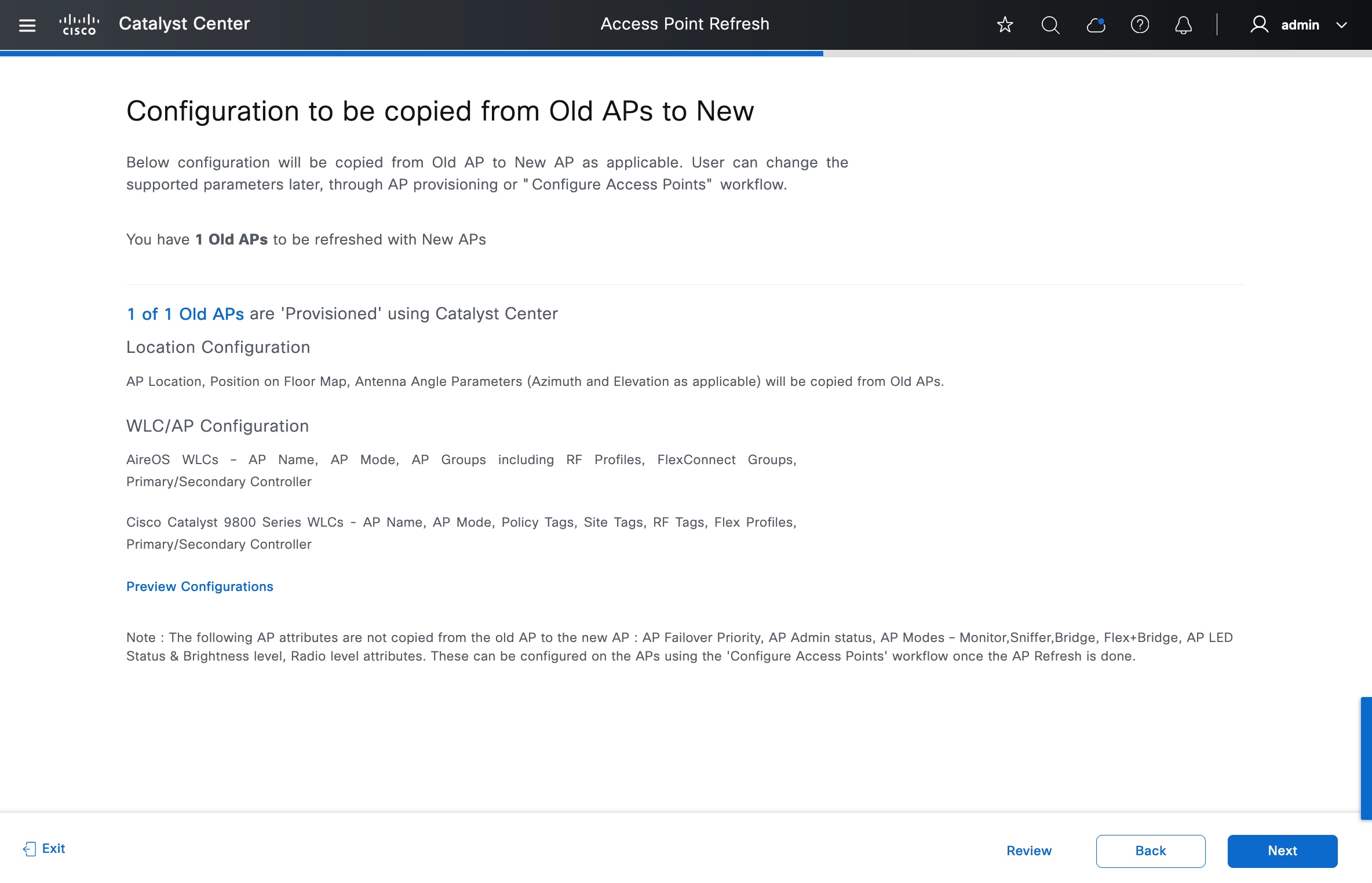 A detailed summary for the configuration to be copied from the old APs to the new AP.