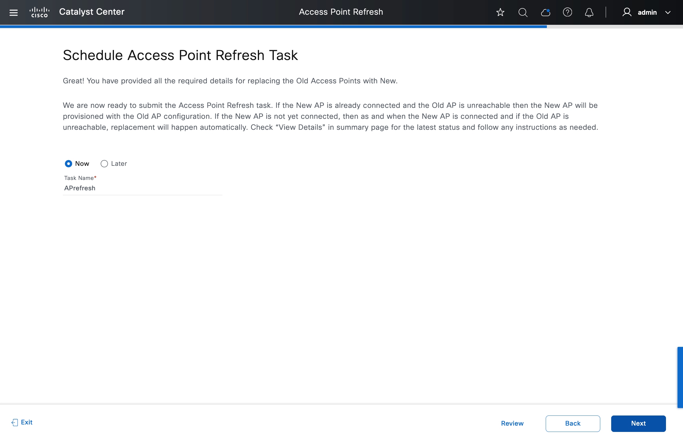The Schedule Access Point Refresh Task window displays the option to schedule the replacement now or later.