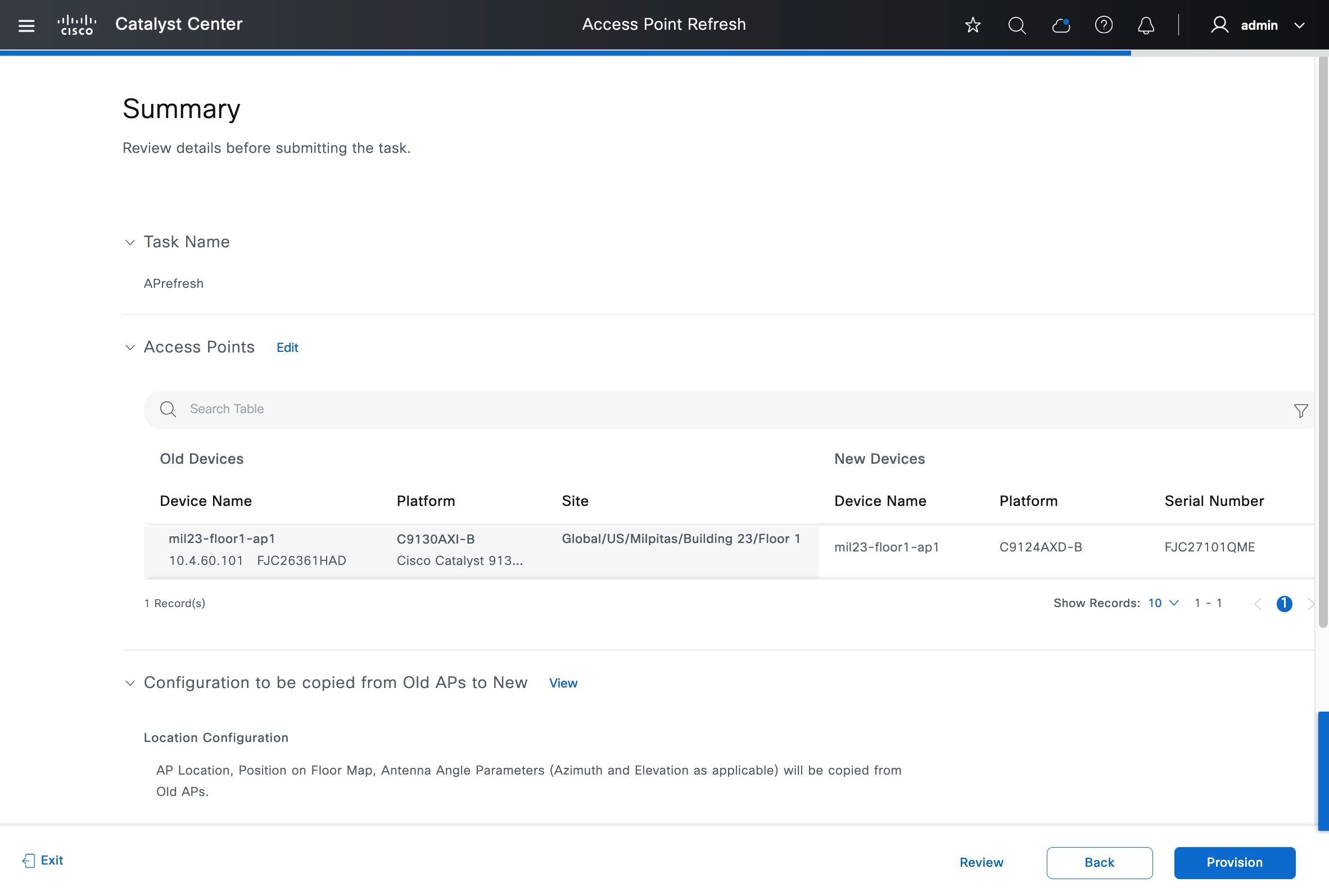 The Summary window displays the details for task name, access points, and configuration to be copied from old APs to new.