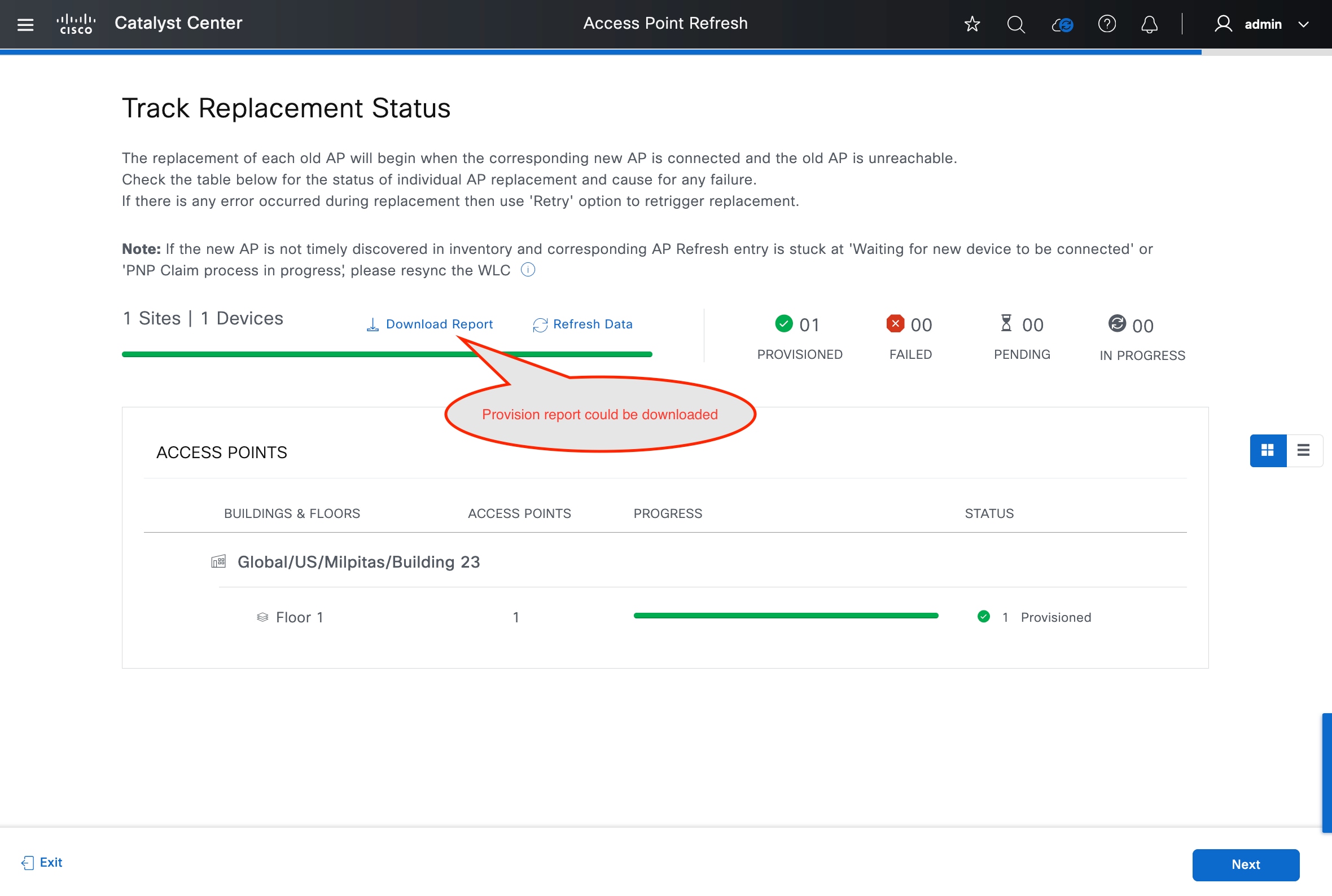 The Track Replacement Status window displays the options to download a report and refresh the data.