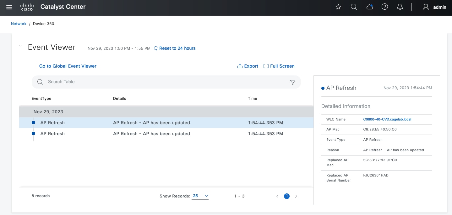 The Event Viewer section displays the details table, and the AP Refresh section displays detailed information about an AP.
