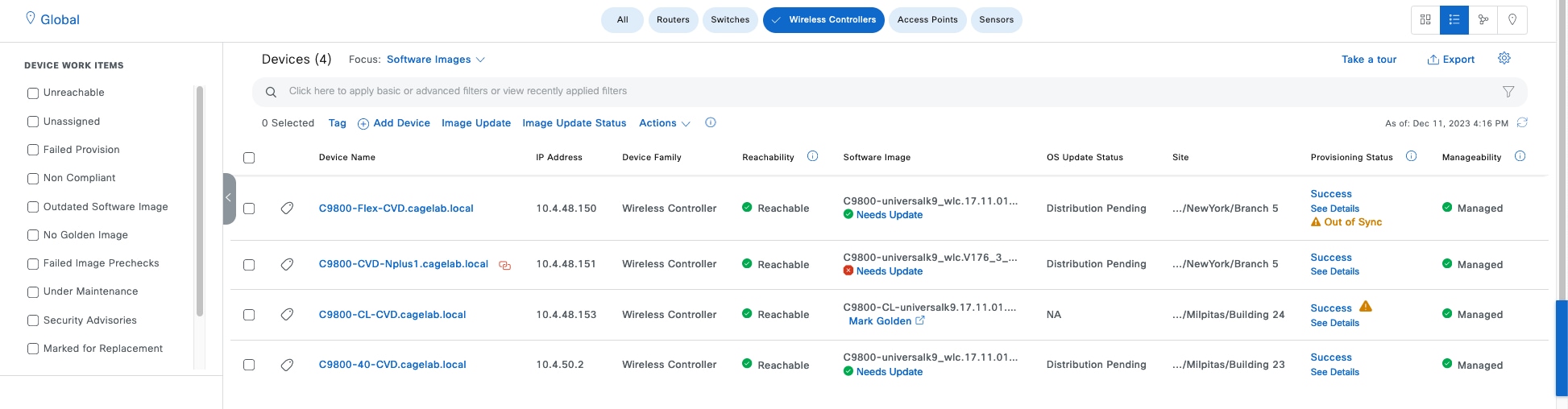 For each device, the following information is displayed: device name, IP address, device family, software image, OS update status, site, provisioning status, and manageability.