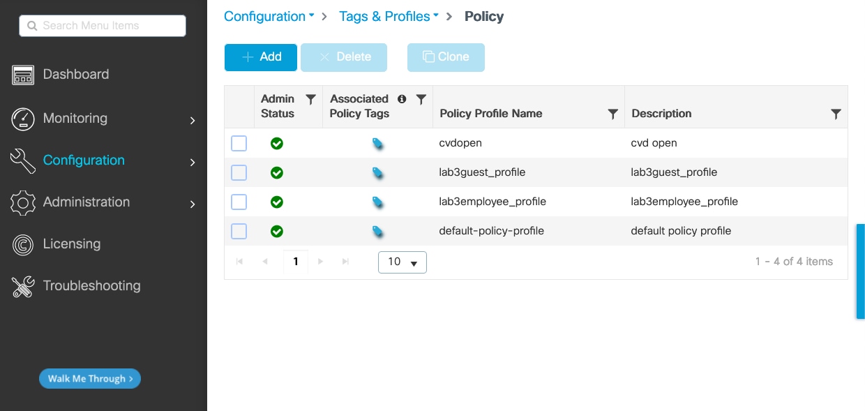 The configuration for C9800-40-CVD.cagelab.local includes the following profiles: cvdopen, lab3guest_profile, lab3employee_profile, and default-policy-profile.